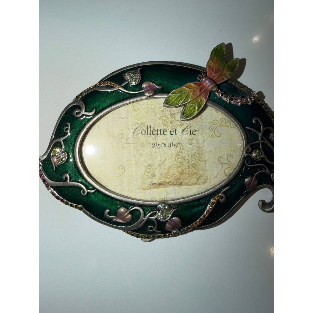 Collette et Cie Dragonfly Enamel Crystal Picture Frame Green Art Nouveau 2.5x3.5